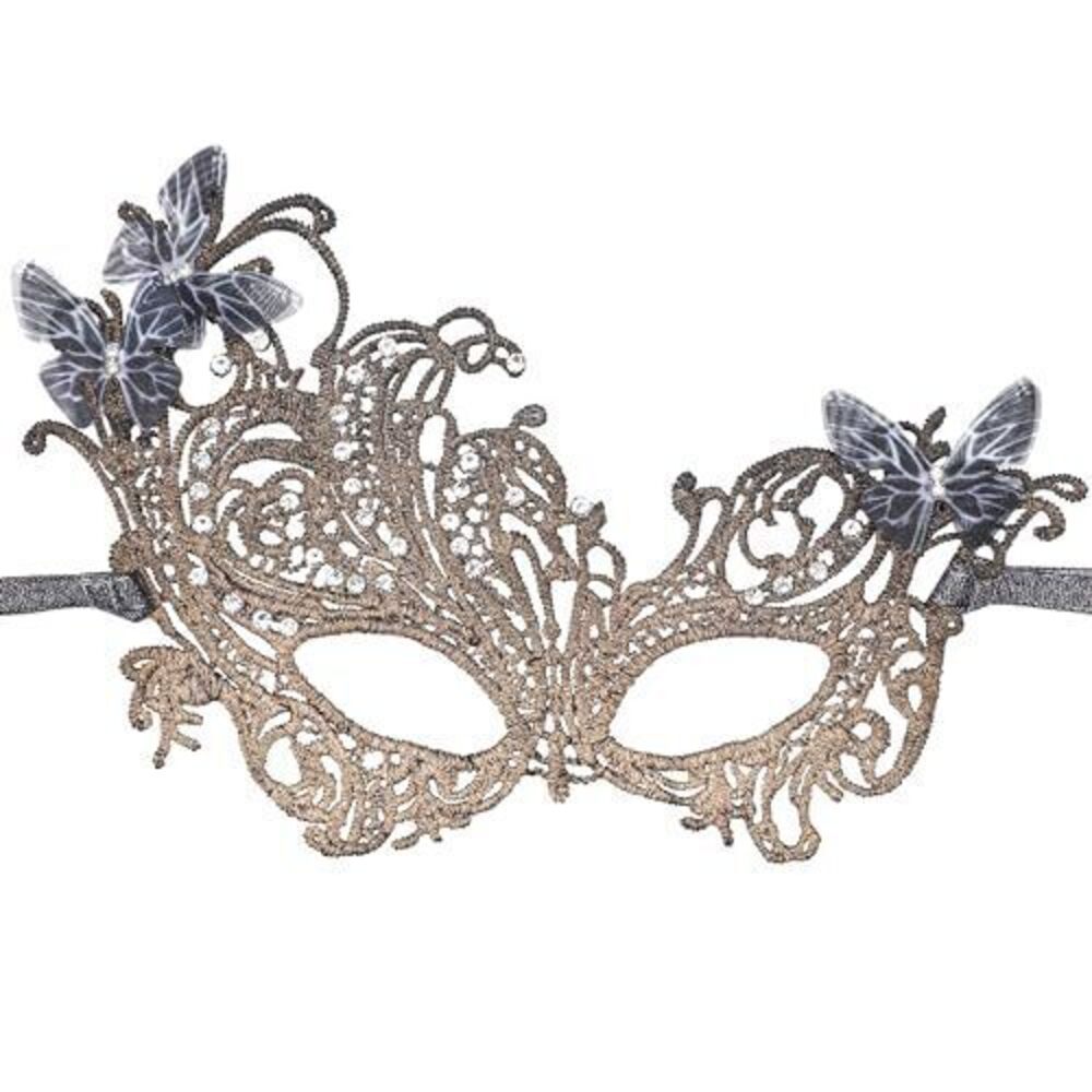 7090 Butterfly Lace Masquerade Mask - Black Gold Shiny Masks Halloween